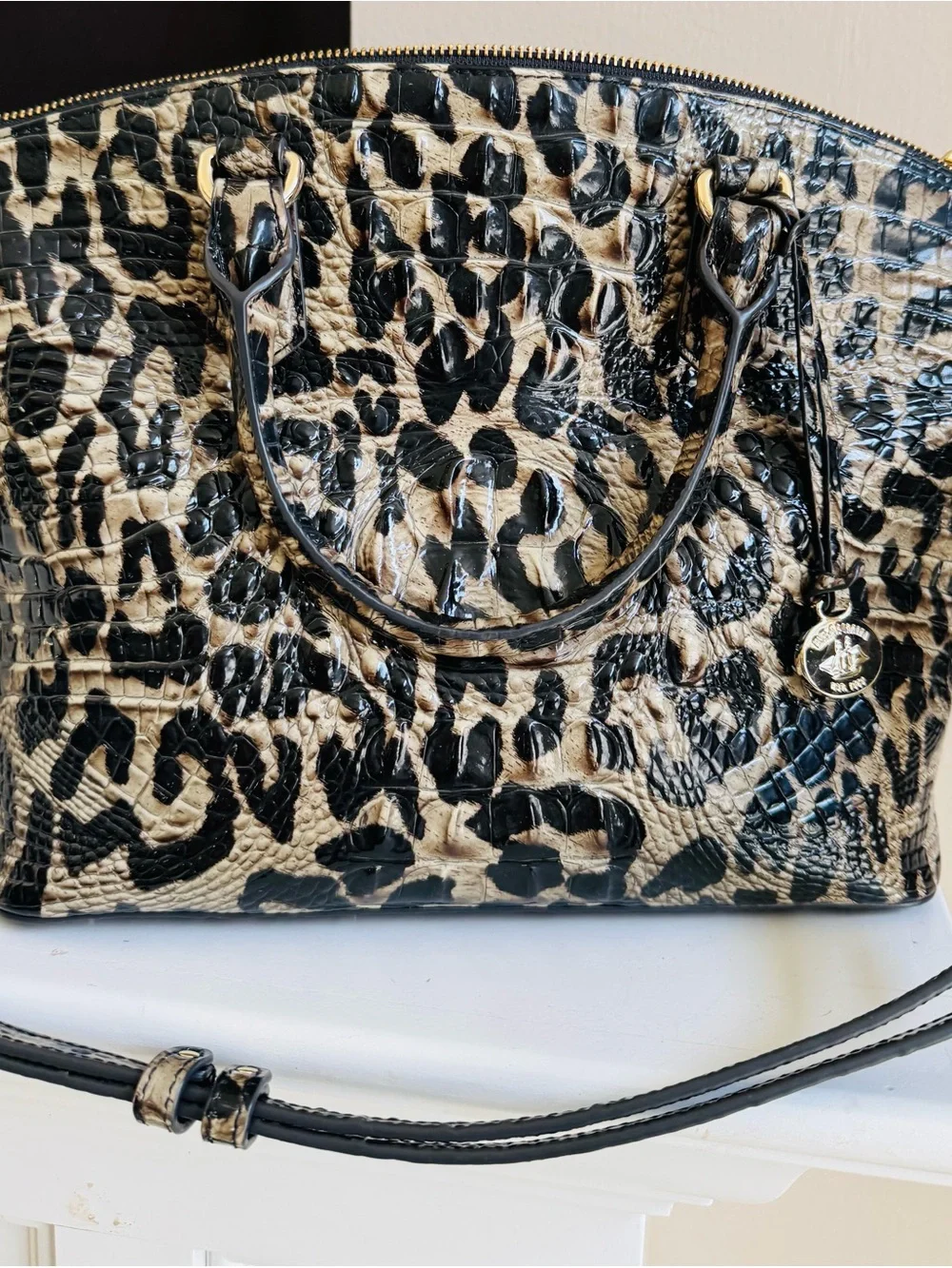 Brahmin Leopard-Print Satchel in Black and Cream